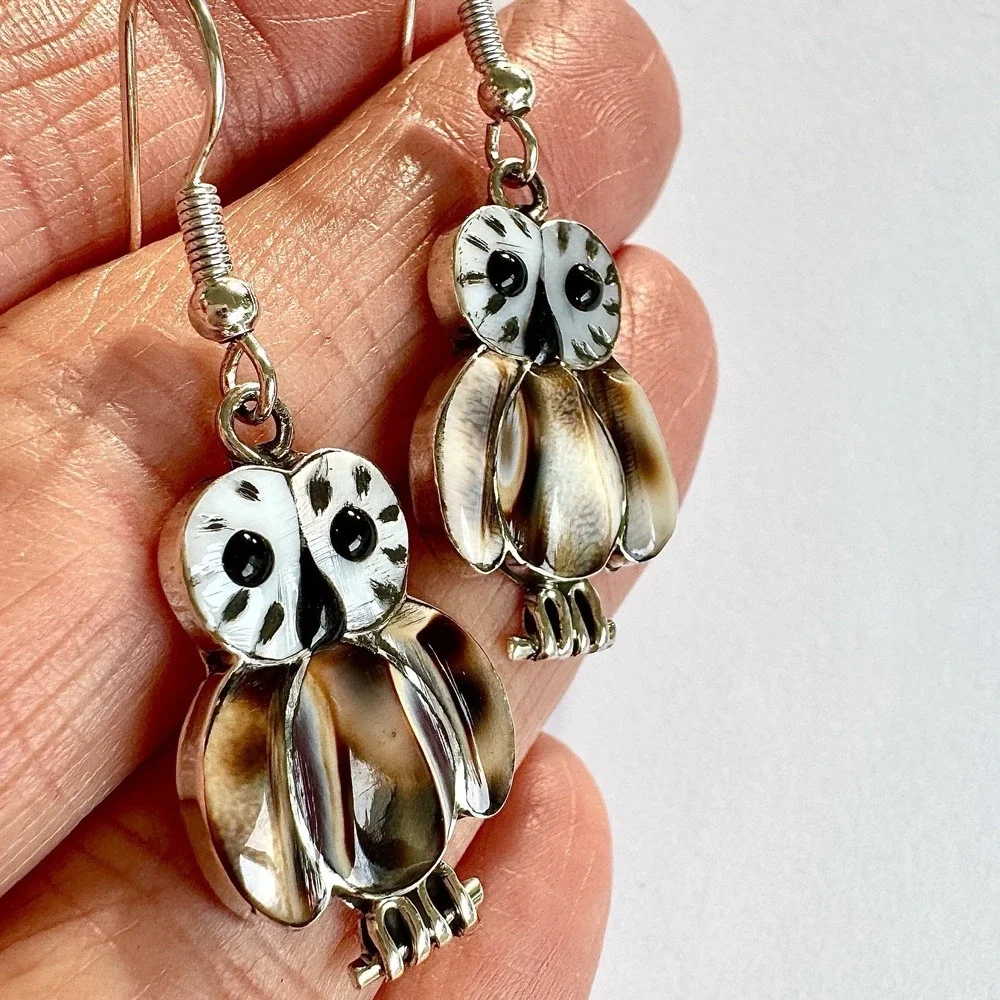 Native American Owl Earrings Zuni Inlay Hook Sterling Dangle Signed Kallestewa